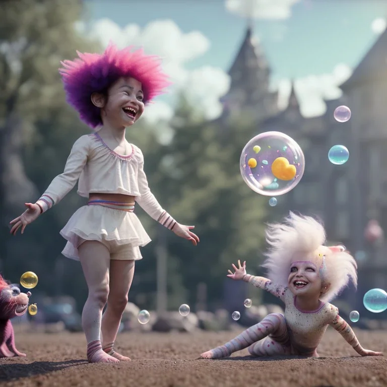 Ultra realistic circus scene. Sweet hair monster and Child’s playing, smile, happy, color bubbles, smooth color, waist up view, Wes Anderson style, dark ambient, highly detailed, concept art, unreal engine 5, god rays, ray tracing, RTX, lumen lighting, ultra detail, volumetric lighting, 3d, finely drawn, high definition, high resolution.