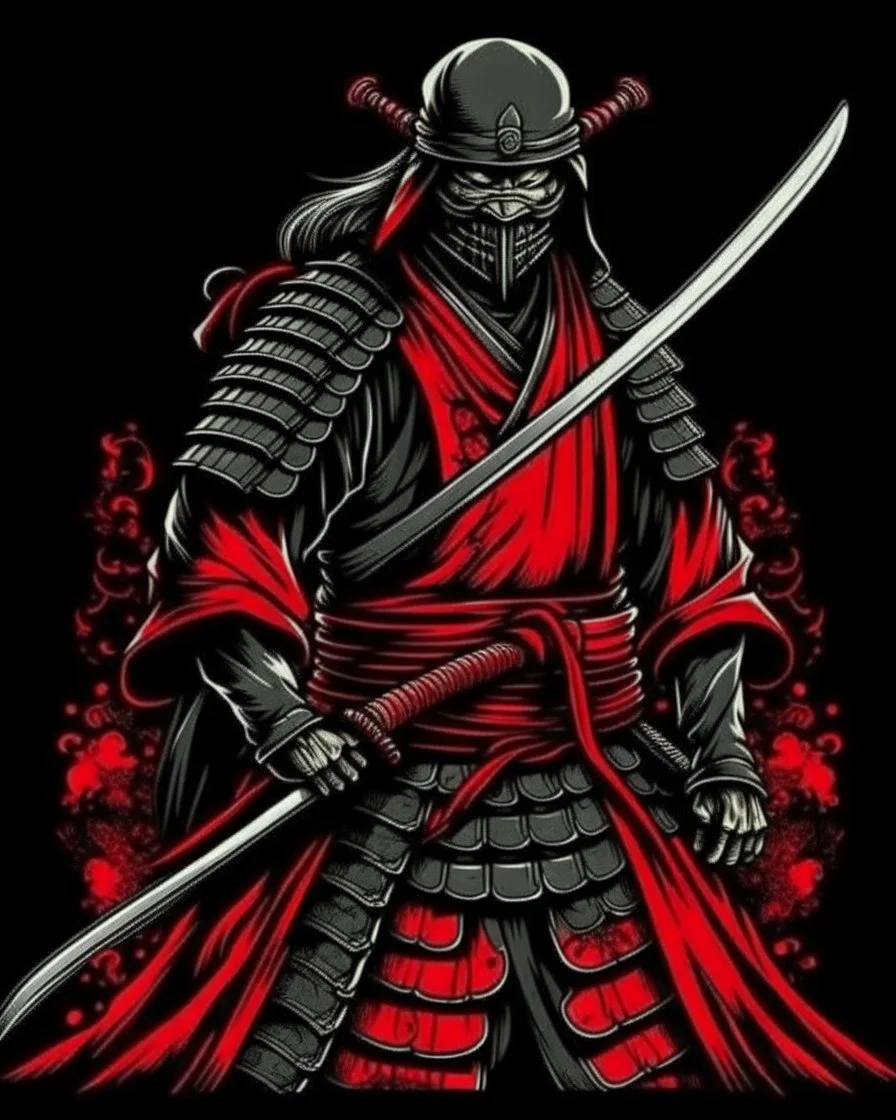 samurai with a katana, into an armor, red black colors,