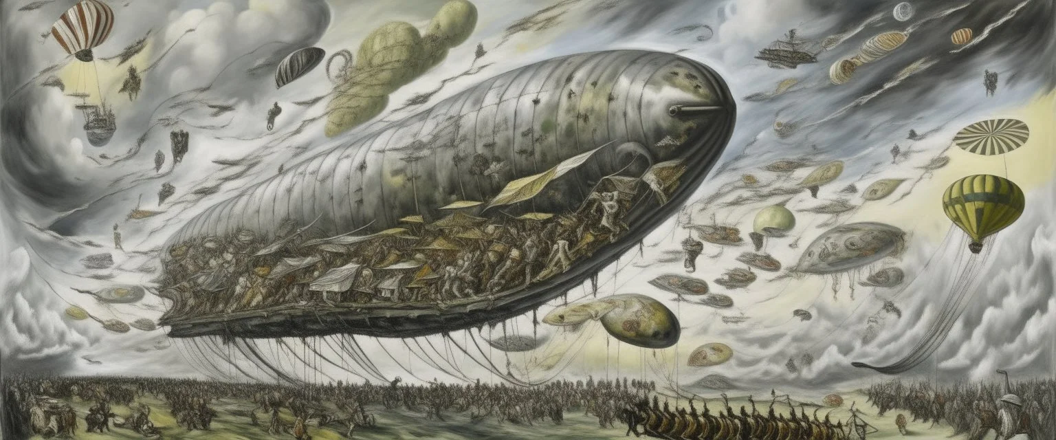 A light gray sky with airships in a tornado painted by Jackson Pollock