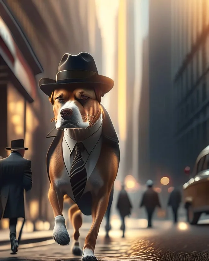 Perro medio humano con traje sombrero elegante detallado cuerpo humano completo pantalones zapatos caminando en la ciudad 4k