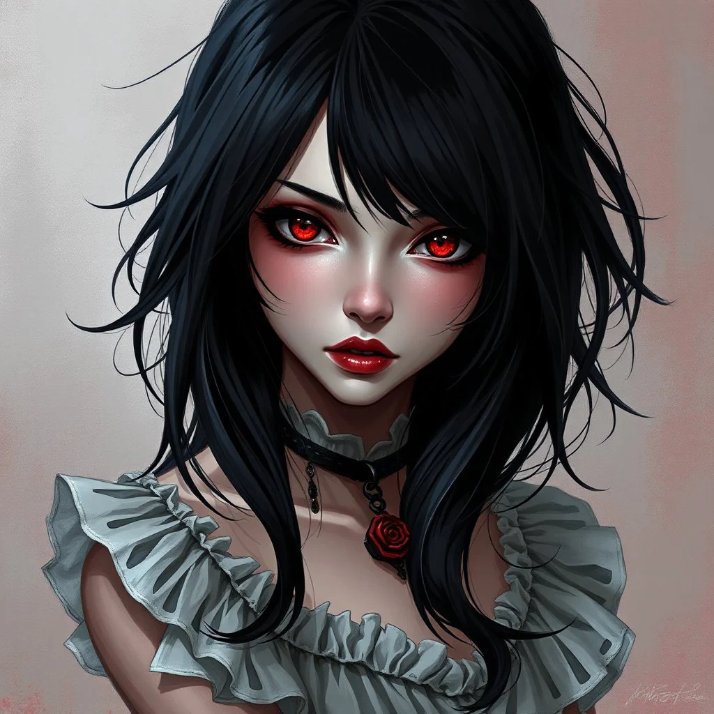 a pretty girl, 14 years old, black hair, vampire, red eyes, realism, stylised, fantasy, mystery