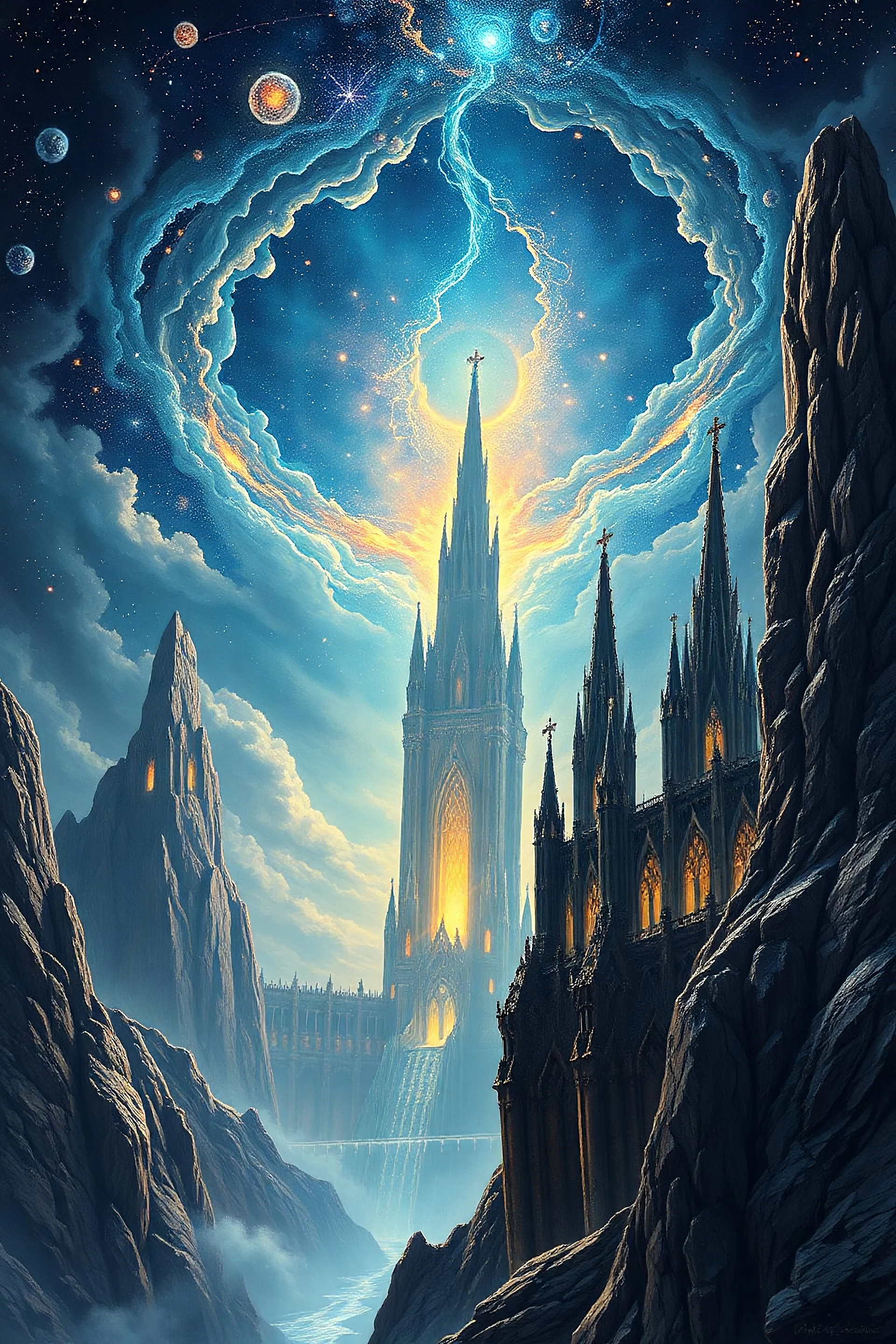 a colossal cathedral grown from black crystal, perched on the edge of a gravity rift, glowing constellations orbit its spires, the sky torn open by celestial storms, oil-painted cosmic horror, surreal landscape