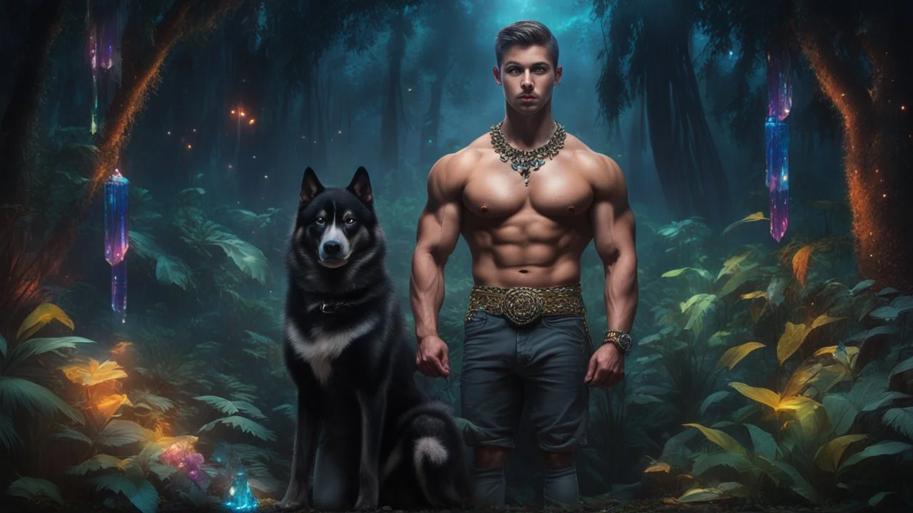 Hyper Realistic handsome muscular young king standing with his black husky in a dark mystical jungle at night with fireflies & colorful crystals