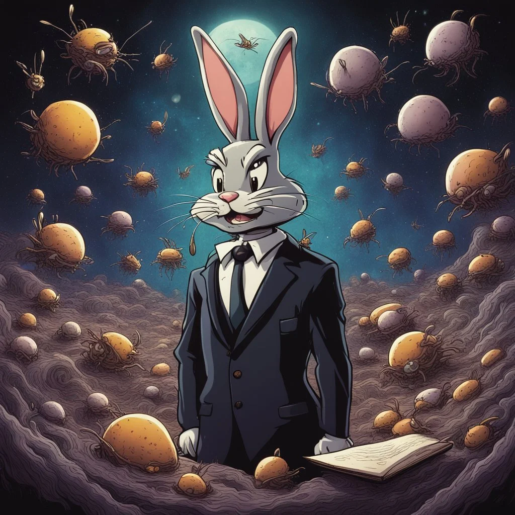 dark colours bugs bunny being a composer and is surrounded by swarm wasp swine pigpen pigsty on an diffrent planet cosmos lovecraft