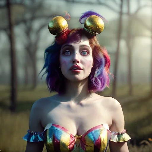 Ultra realistic circus scene. Sweet hair monster dancer. Man, night, smooth color, waist up view, Wes Anderson style, happy, bubbles, butterfly’s dark ambient, highly detailed, concept art, unreal engine 5, god rays, ray tracing, RTX, lumen lighting, ultra detail, volumetric lighting, 3d, finely drawn, high definition, high resolution.