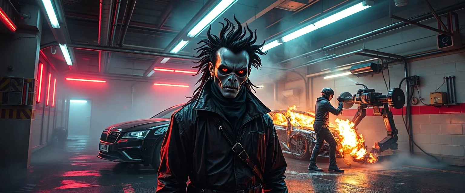 airbrush portrait of young indian ravnos clan vampire in misty underground garage with parking robots and neon light, washer man with mask and hi pressure steam gadgets cleans cars and walls, walls are lined with neon lights, mechanic in weird suit washes walls and robots, a car that is burning inside is inside a car washing machine with big rolling brushes, smoke and debris, warped and twisted camera angle, dark asphalt floor, low roof