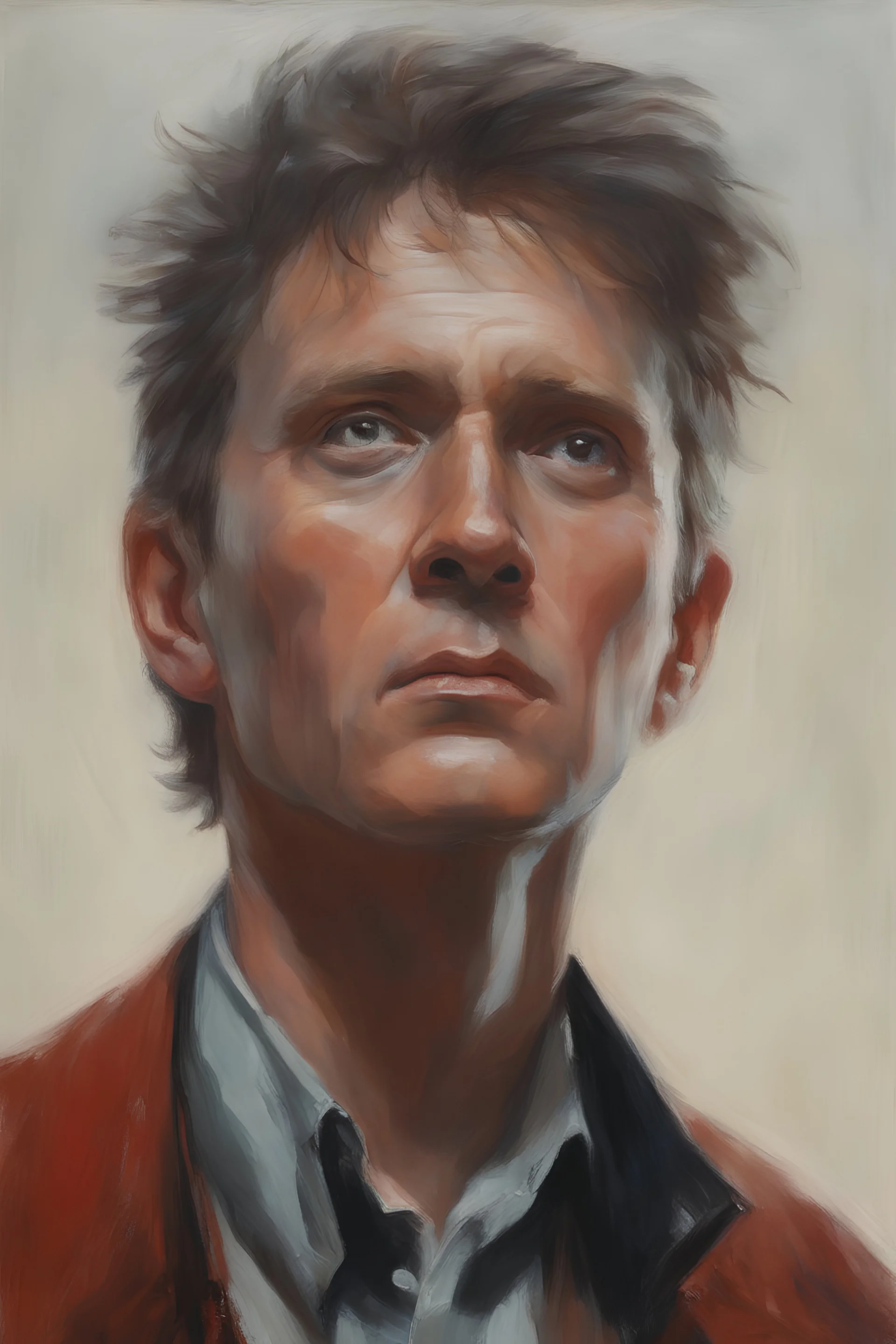 a closeup facial portrait of Marty McFly - extreme action pose - oil painting by Gerald Brom