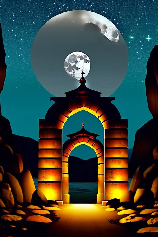 Stone moongate glowing at night under a full moon dark fantasy