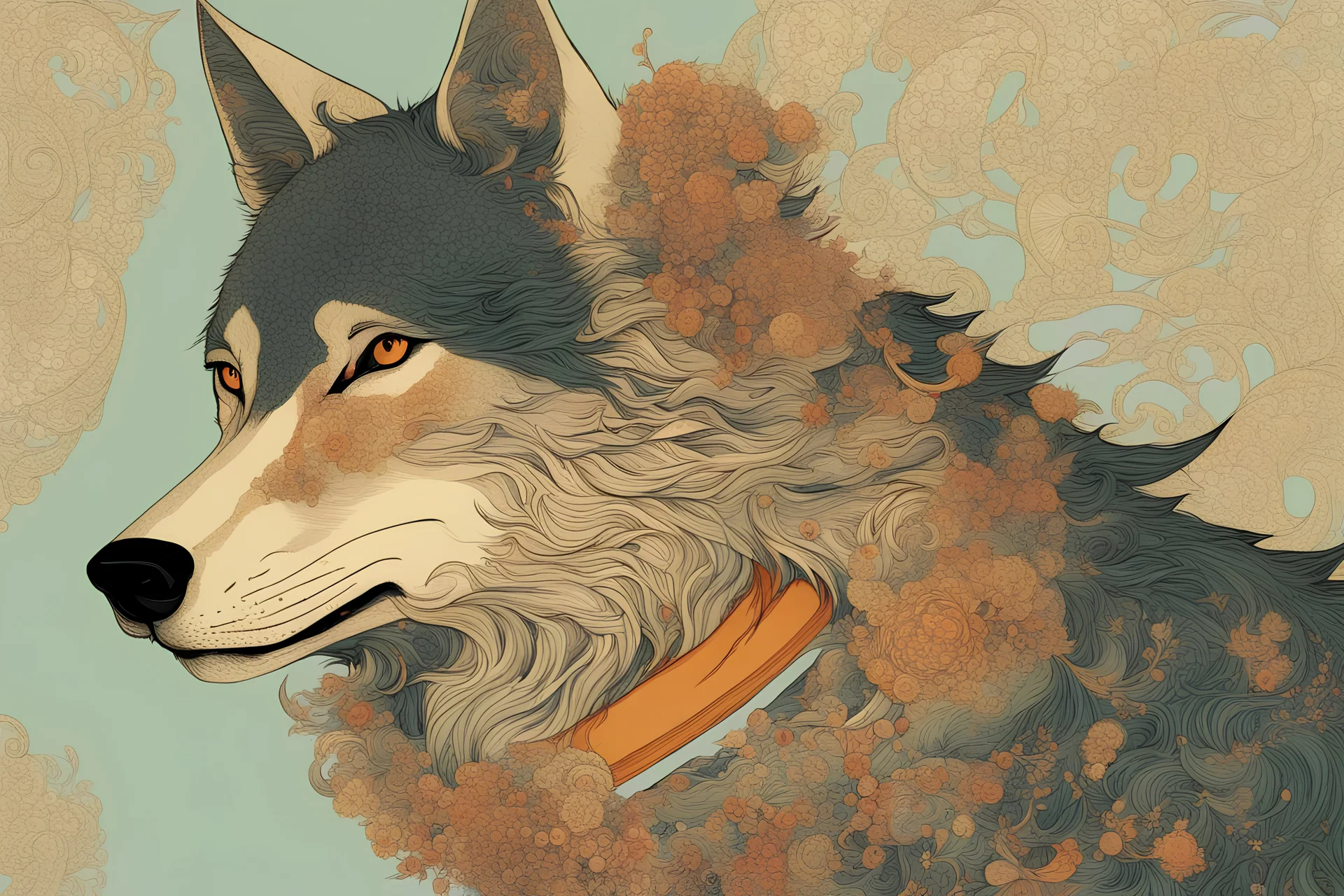 portrait of a mystic wolf, by victo ngai, by Hokusai, rbg, psychedelic, fractals, sacred geometry, medicine, sacred