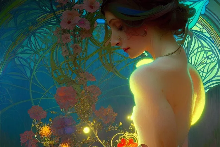 gardenia, colorful, psychedelic, intricate, elegant, highly detailed, digital painting, artstation, concept art, smooth, sharp focus, greg rutkowski art and alphonse mucha, sparkeling night