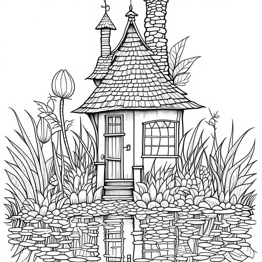 A fairy house Serene Water Lily Villa, coloring page, exact shape, real image, minimal lines, white back ground color, real style, realistic, minimalistic, minimal black line art, line art, crisp line art, unique coloring sheet, outlined, outline, crisp, crisp line edges, illustration, thin lines, crisp clear lines, line art, clean line art, unique, 8k, no colors, no dark color, no black color, avoid thick black, minimalistic line edges, white back ground,