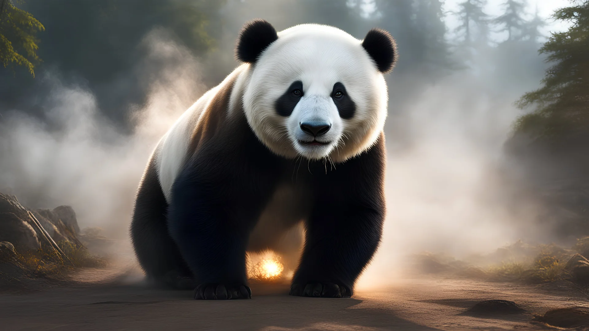 masterpiece,best quality,(photorealistic:1.4) 1panda, wabstyle,glowing,two-tone hair,(fog,:1.2) (mist:1.2),smoke, cowboy shot, cinematic angle,fisheye,motion blur,