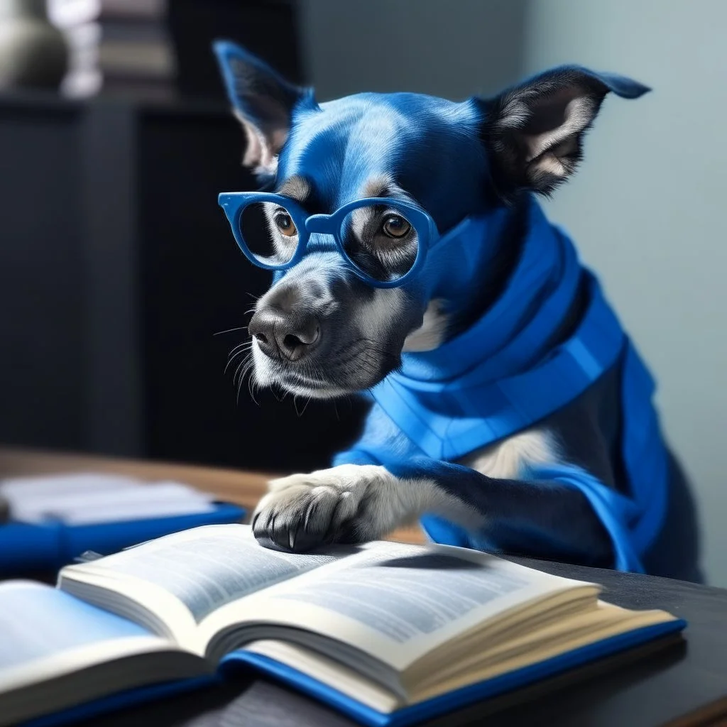 a blue dog studying