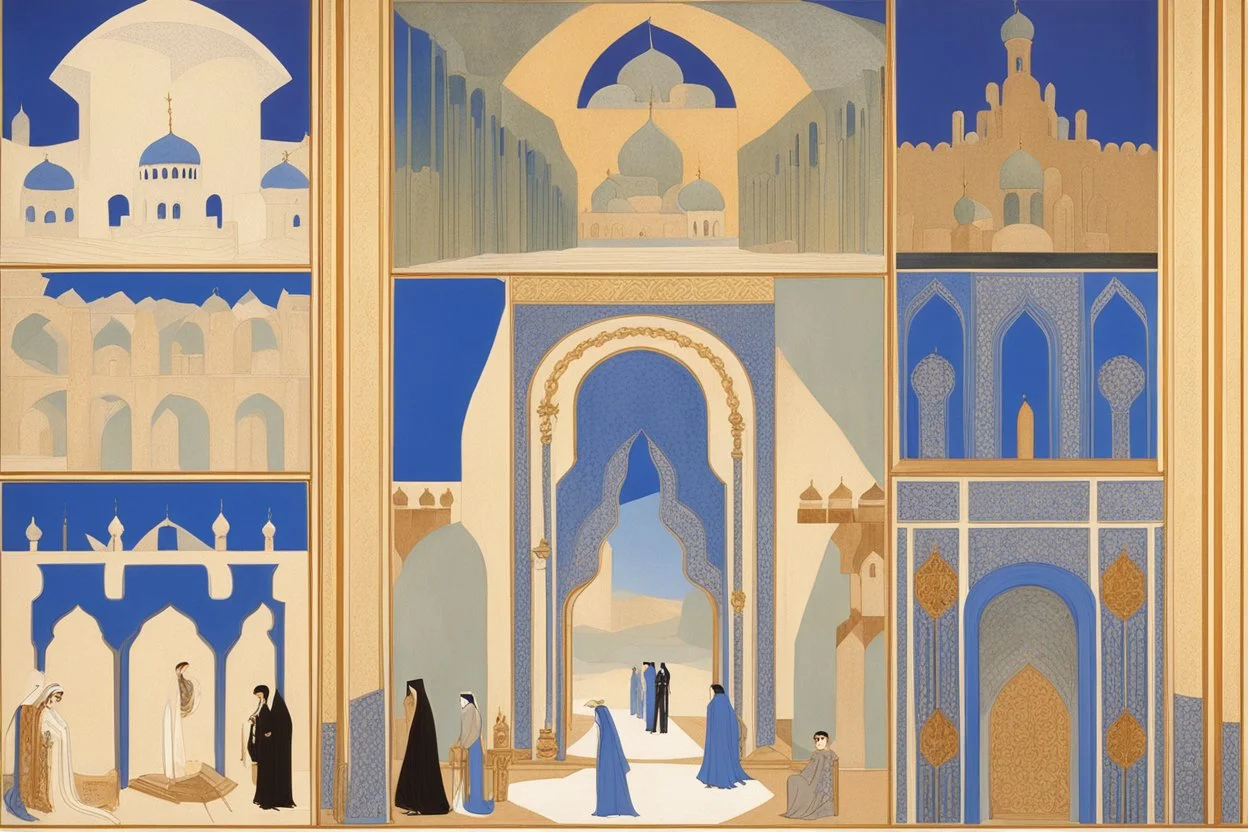 an open gothic_Arab gate in a blue-tiled wall with a view of an old city by artist "Beardsley",by artist "Rachman",by artist "Kay Nielson",by artist "Bertha Lum",by artist "Dulac",by artist "Erte"