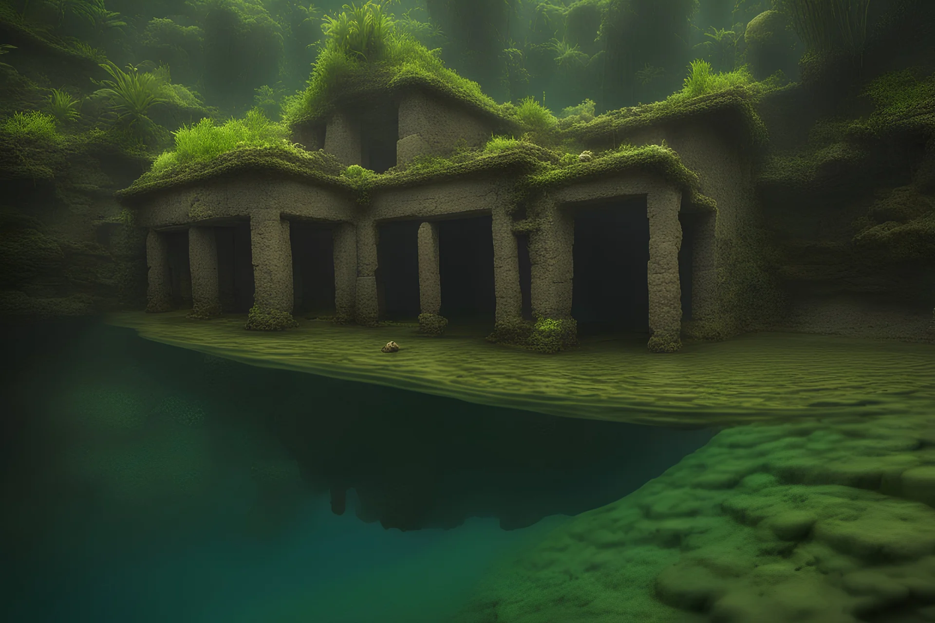 underwater ruins of an old small village with small ruined huts