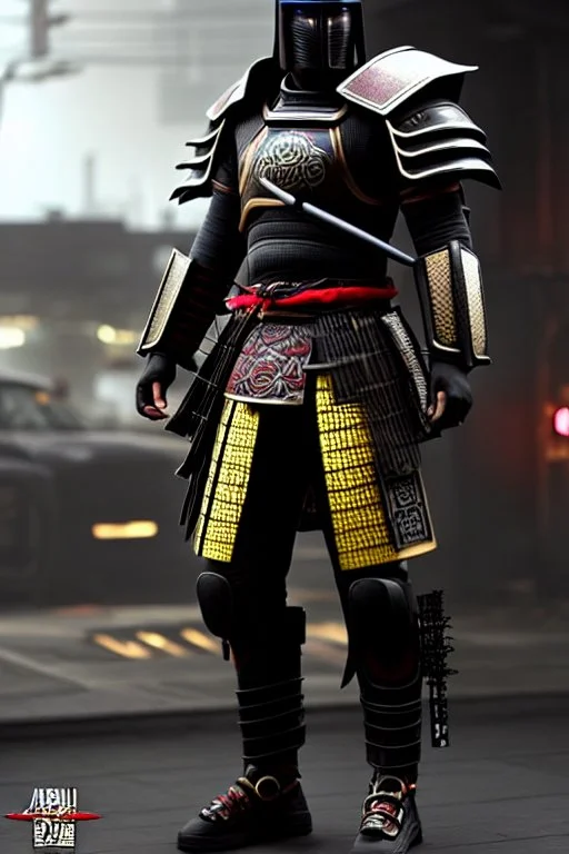 Fully armored cyberpunk samurai, photorealistic