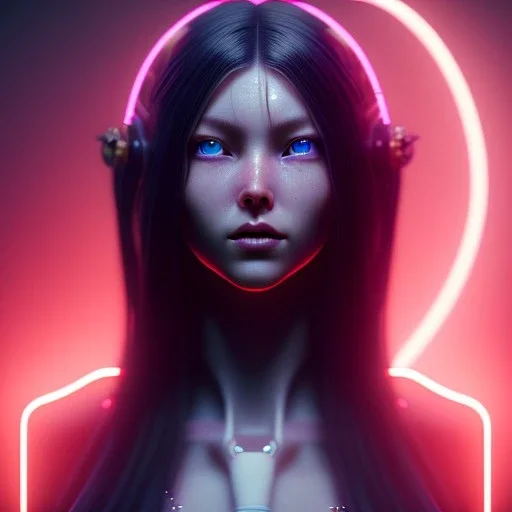 caucasian Woman, long black hair, samurai, cyberpunk, neon, highly detailed, art stations, concept art, smooth, unreal engine 5, god rays, ray tracing, RTX, lumen lighting, ultra detail, volumetric lighting, 3d, finely drawn, high definition, high resolution, gradient background