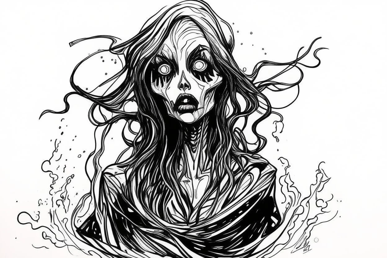 pen art sketch of a malevolent shape shifting female Funayurei water ghost , rough lines, boldly inked,