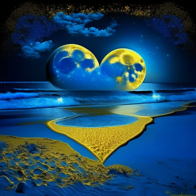 electric heart blue and gold moon on the beach