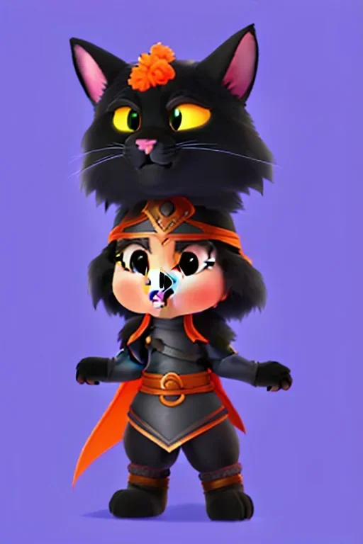 cat 2d, knight, ninja, black fur,full body, orange torn coat,game character, strong, anime, chibi