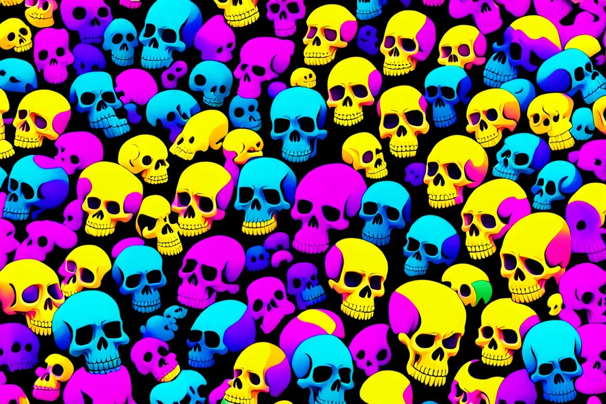 a field of 1000s of cartoonish, anatomically correct, skulls, vivid RANDOM BRIGHT neon colors, dark comedy, well lit, high detail, photorealistic, horrorcore, fun, scary, none featured, each a different color or hue,