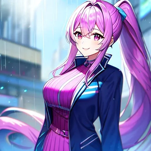 Clear focus, 8k, high quality, detailed, beautiful lighting, girl, vibrant colors, blue long hair, vibrant pink eyes, raining, ponytail, smile, jacket,