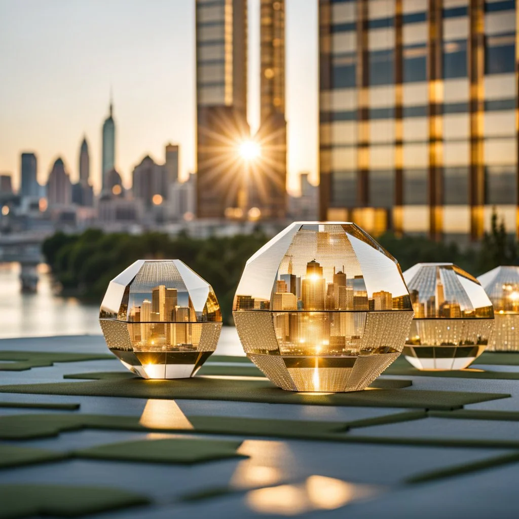 array of crystal dodecahedron and golden sphers, which reflects the modern city environment in modern city escape , transforms into array of crystal cubes.