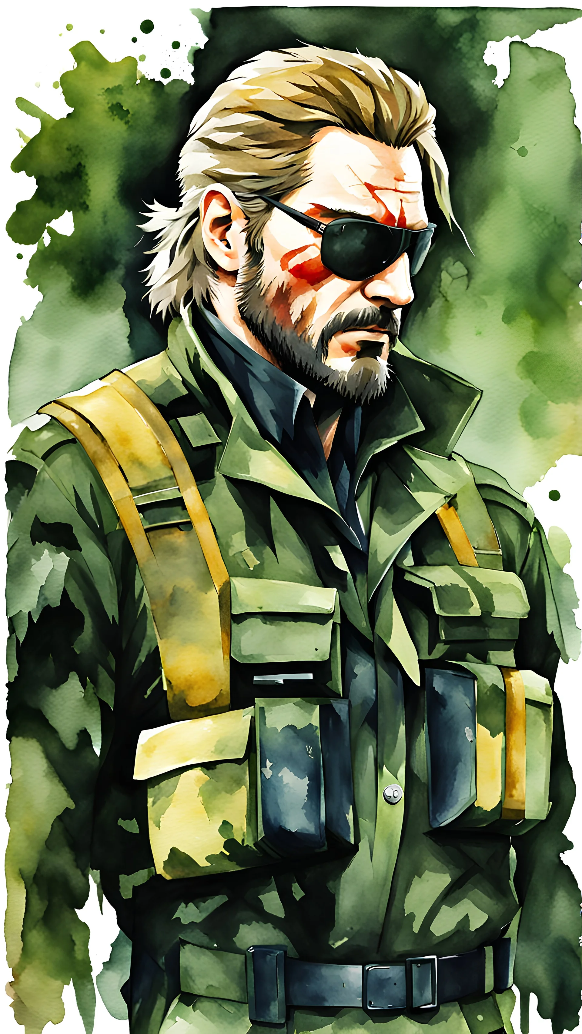 Masterpiece painting of The Boss from Metal Gear Solid 3: Snake Eater, watercolor style, ultra detailed character, simple background, Professional Quality watercolor painting, full body shot, vibrant colors.