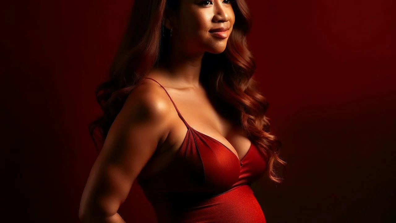 Gina Rodriguez, Curvaceous silhouette, radiant glow, flowing maternity gown, expressive eyes, fiery red tresses, youthful grace, maternal strength, poised posture, harmonious transformation, unexpected beauty, newfound confidence, maternal elegance, tender curves, round belly, symbolic attire, strength in simplicity, teenage motherhood, glowing complexion, transformative journey, captivating presence.