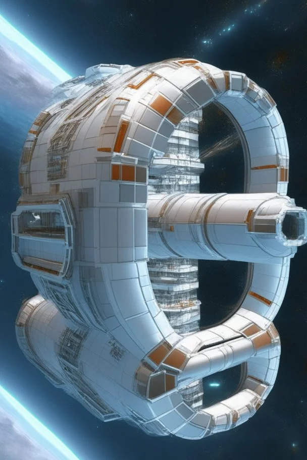 a silver tubular space station in deep space