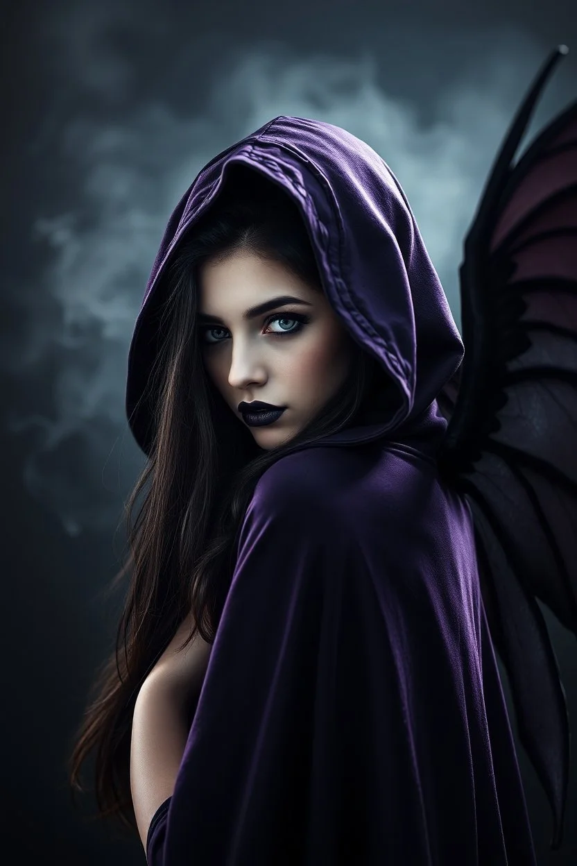 portrait a dark fairy woman with a pale face, long dark hair lookin at the camrea, in a dark purple shiny black hooded cloak, suggestive deep dark gaze, dark lips, impressive, perfect, cold beauty with dark wings on back, dark, sad, gothic mood, atmospheric, smoke, high detalied, high realistic, photorealistic, blur smoky background with dark shadows