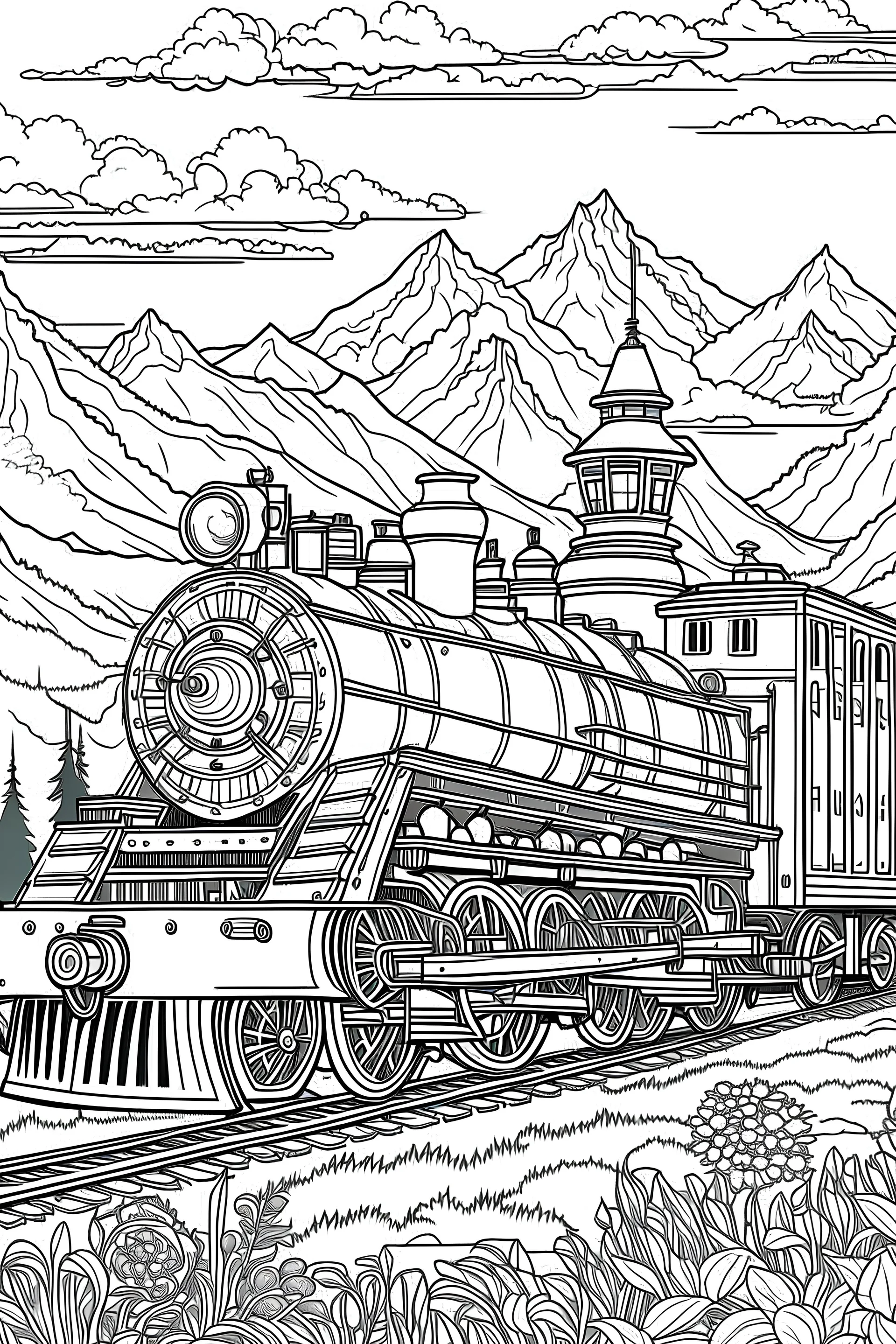 Generate a coloring page featuring steam trains, such as locomotives with different wheel configurations (e.g., 4-4-0, 2-6-2) and styles (e.g., vintage, fantasy, futuristic). Incorporate the trains into diverse and captivating landscapes, including but not limited to: Countryside scenes with rolling hills and meadows. Urban environments with train stations, cityscapes, and bridges. Coastal scenes with lighthouses and ocean views. Mountainous terrains with tunnels and viaducts.