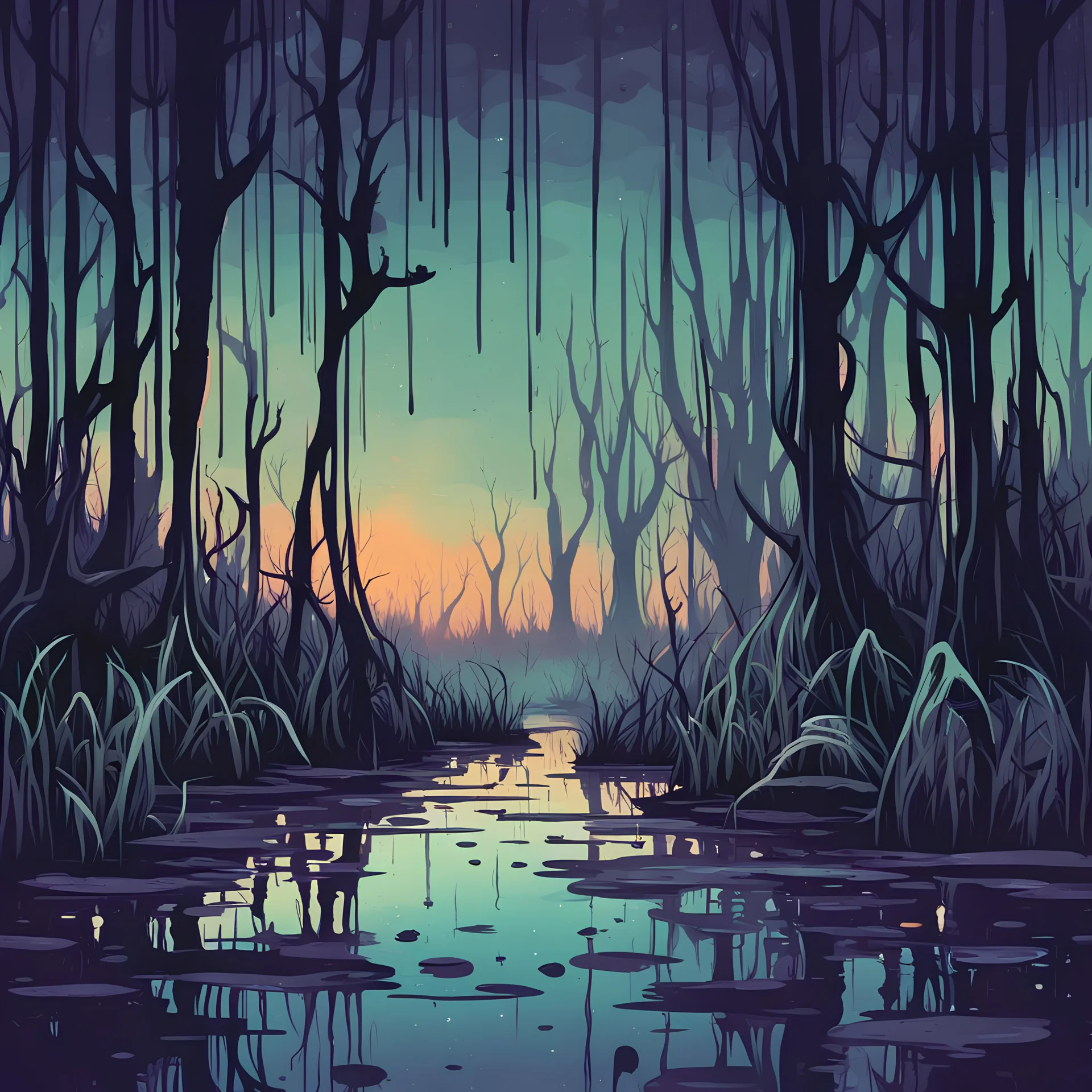 twilight swamp in dripping art style