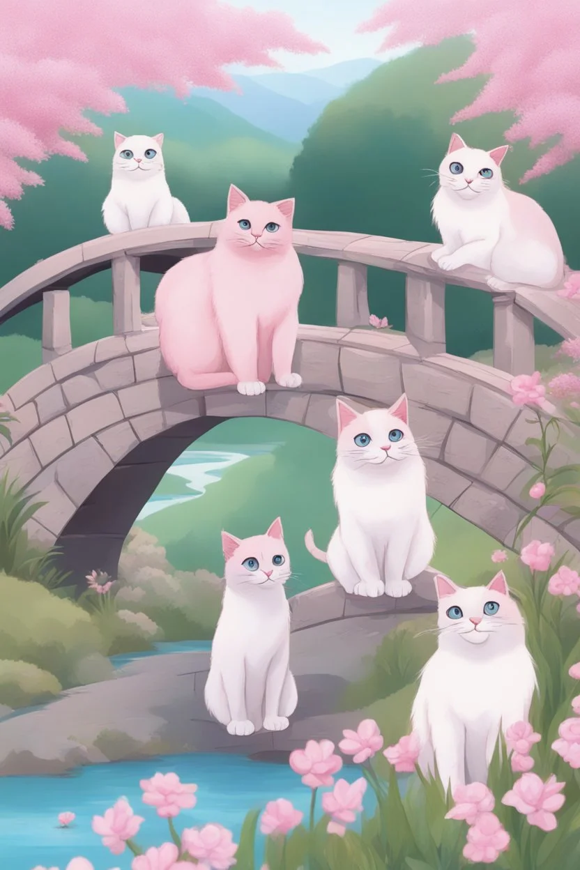 in the center: beautiful chunky cats dancing on a bridge , background: landscape, first plan: pink flowers and a small river with blue water, sky: clouds with more cats sitting on them