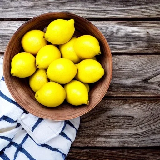 A photo of lemons in a bowl on a wooden table. The photo has an overhead view, giving the viewer an idea of how big the bowl is and how many lemons are in it.