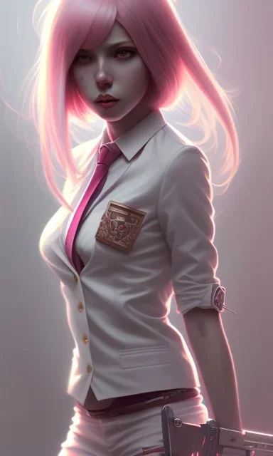 girl, cute, beautiful, pink hair, brown eyes, pigtails, bangs, knife in hand, blood on face, by Greg Rutkowski, big boobs, blazer, yandere