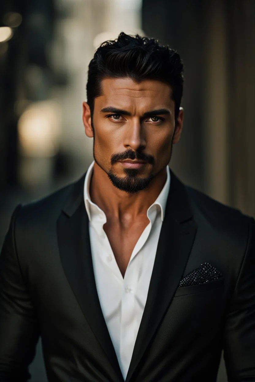 Portrait of an Olive skinned muscular very handsome male with dark hair and a goatee beard, wearing a dark suit