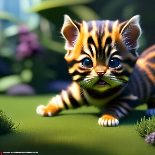 pixar style, volumetric garden environment and background, realistic painting of a cute midget bengal kitten laying on the ground, looking excited, detailed digital painting, extreme dense and fine fur, anime, ornate, colour-washed colors, elegant, small minutiae, tiny features, particulars, centered, smooth, sharp focus, renderman gofur render, 8k, uhd, detailed eyes, realistic shaded volumetric lighting, sunlight caustics, backlight, centered camera view