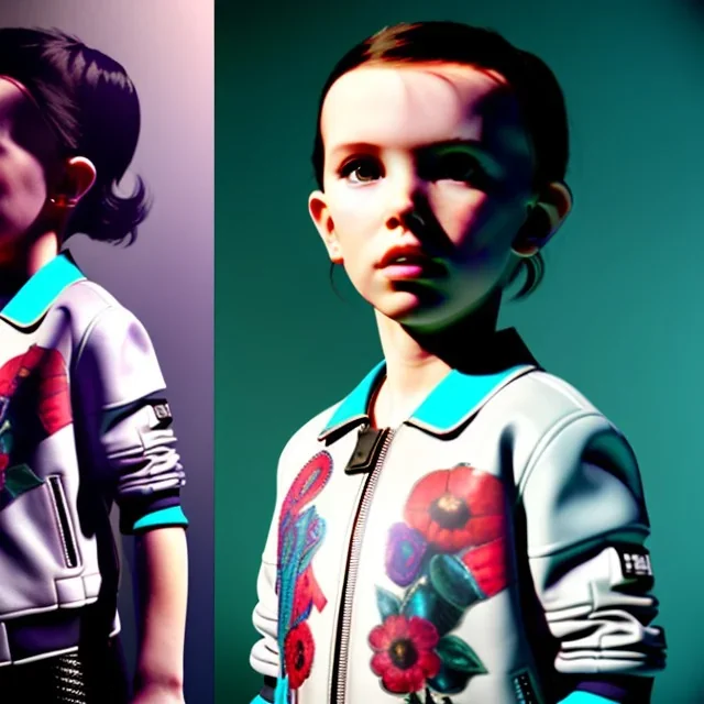 Millie bobby brown toddler, full body, leather jacket, floral shirt, floral skirt, Nike sneaker, soft skin, city background, dramatic lighting, hyper realistic