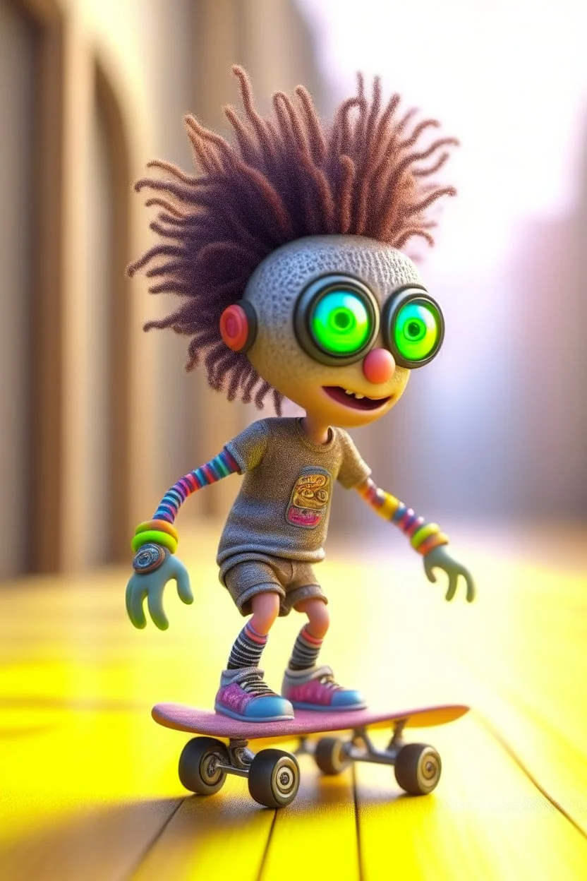 cute adorable hypnotic chat hippie robot doing a little trick with skateboard and punk hair and real human eyes, its such a perfect day, motion blur, smoke, 8k, downlight, soft light, depth of field, photorealism, trending on art station, lotsa detail