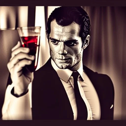 portrait of henry cavill as james bond, drinking a martini, red and golden, cinematic, noir, hd, 4k