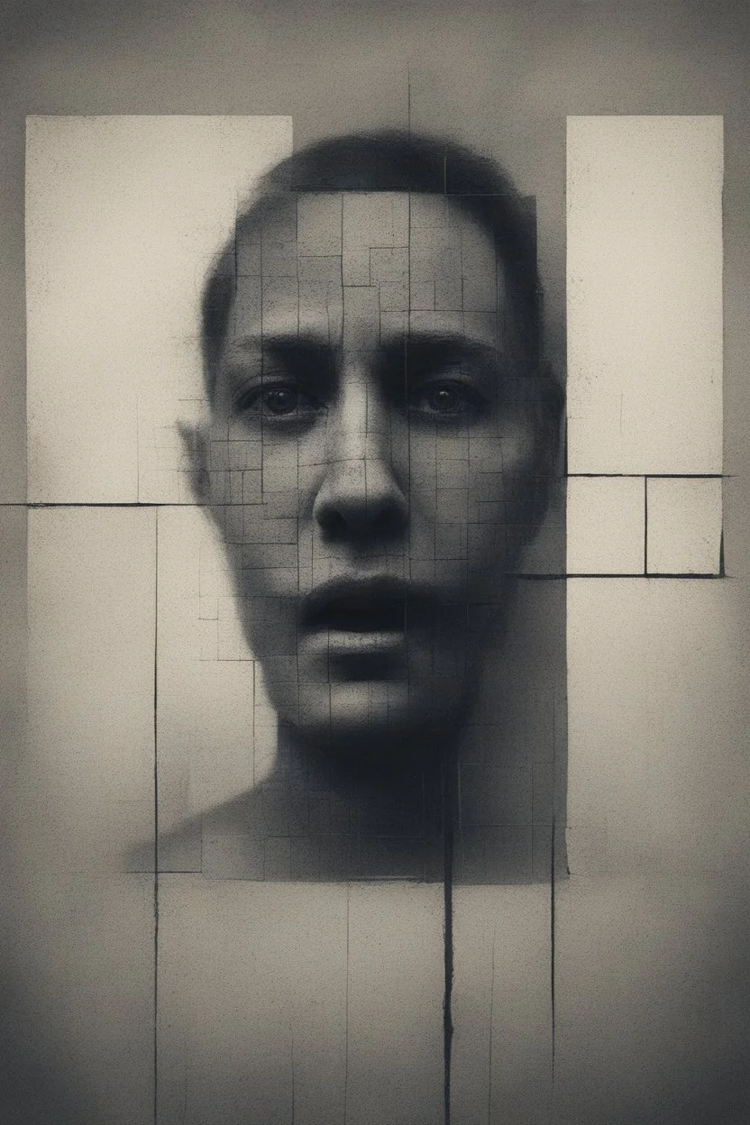 a distressing, haunting image of a person in square segments