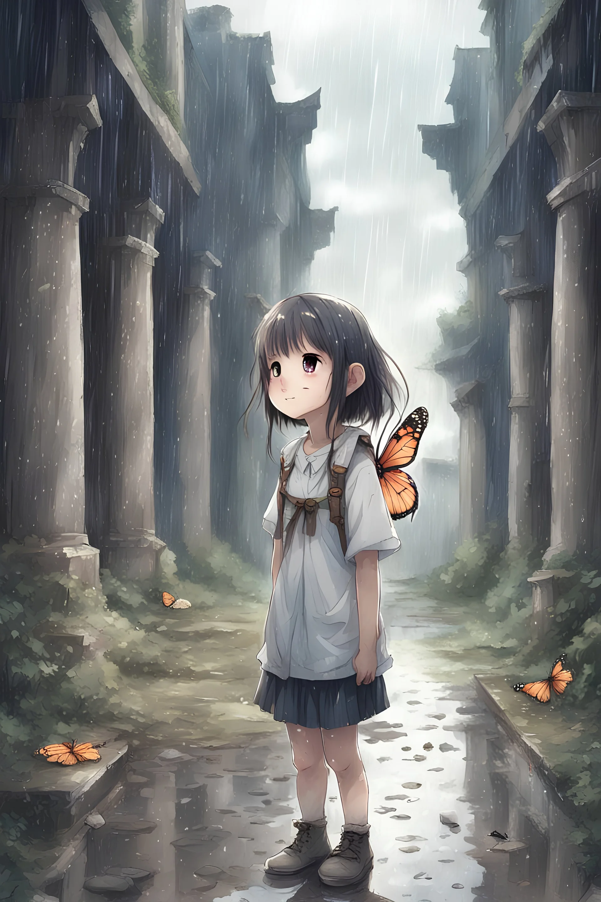 rainy, ruins, little girl, smile, butterfly, manga