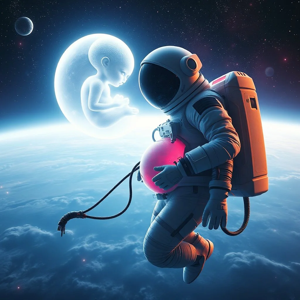 long shot of astronaut limply adrift in vast cosmic space that has a biomechanical umbilical cord running from belly to a colossal apparitional alien fetus in a translucent cosmic membranal womb made of light, fantastical, surreal, spacepunk, CGI, HD, cinematic poster art