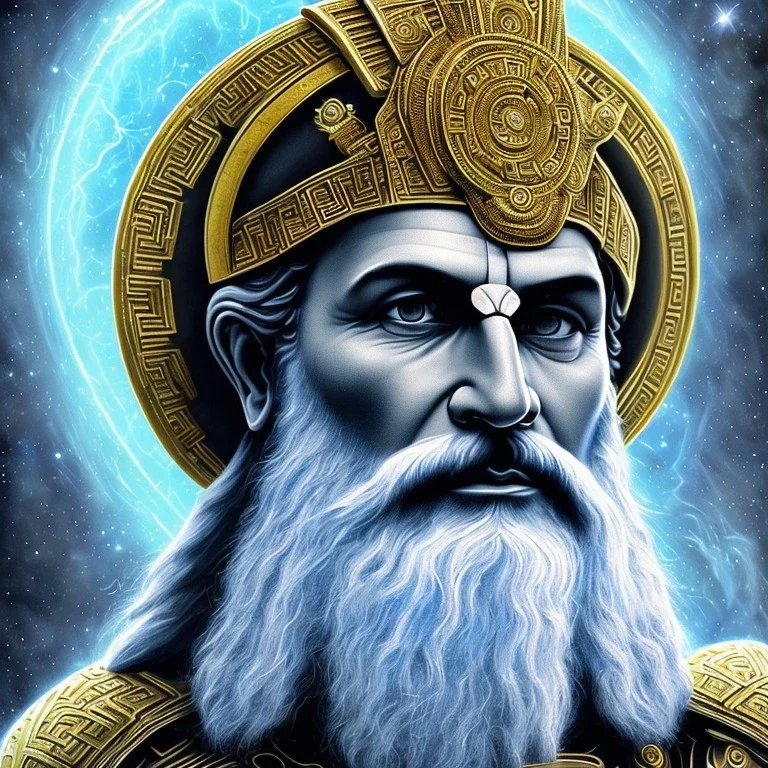 photo realistic, symetrical, centered, ultra detailed, digital art, in center is a portrait of highly detailed greek colossus god zeus surrounded by galaxy codes seeking knowledge, gray beard, crown filled with crystals, detailed face with human skin color, eyes filled with galaxy, dominating colors = gray light blue and dark gold, lightning, smoke,