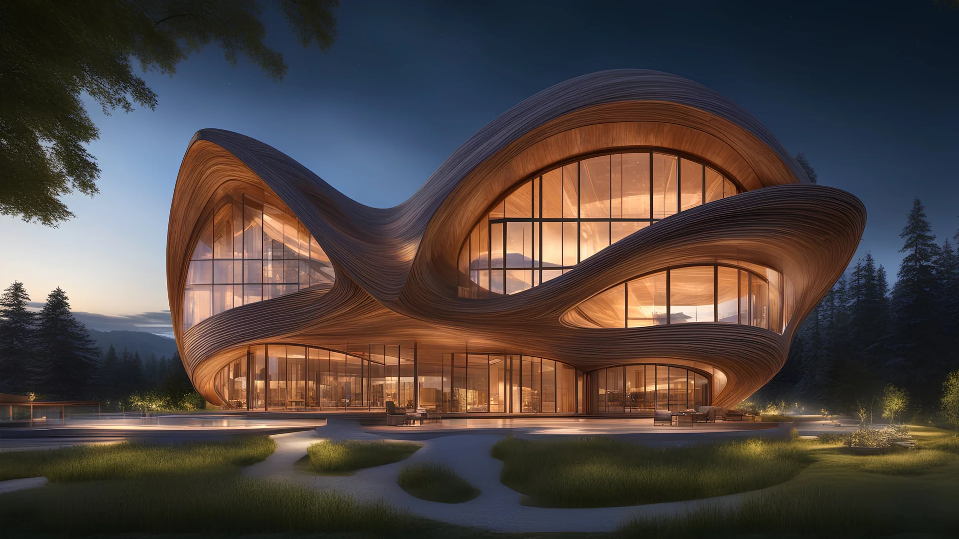 inspiring interwoven wooden ultra-modern building based on parabola shapes, sine curves and helix shapes, featuring large windows, rural location, night, moonlight, fireflies, distant mountains, lake, astonishing architecture, beautiful, wow, extremely detailed, photographic quality, beautiful composition, Ultra Realism, Complex intricate Details, 16k, HDR, High Quality, Sharp Focus, Studio Photo