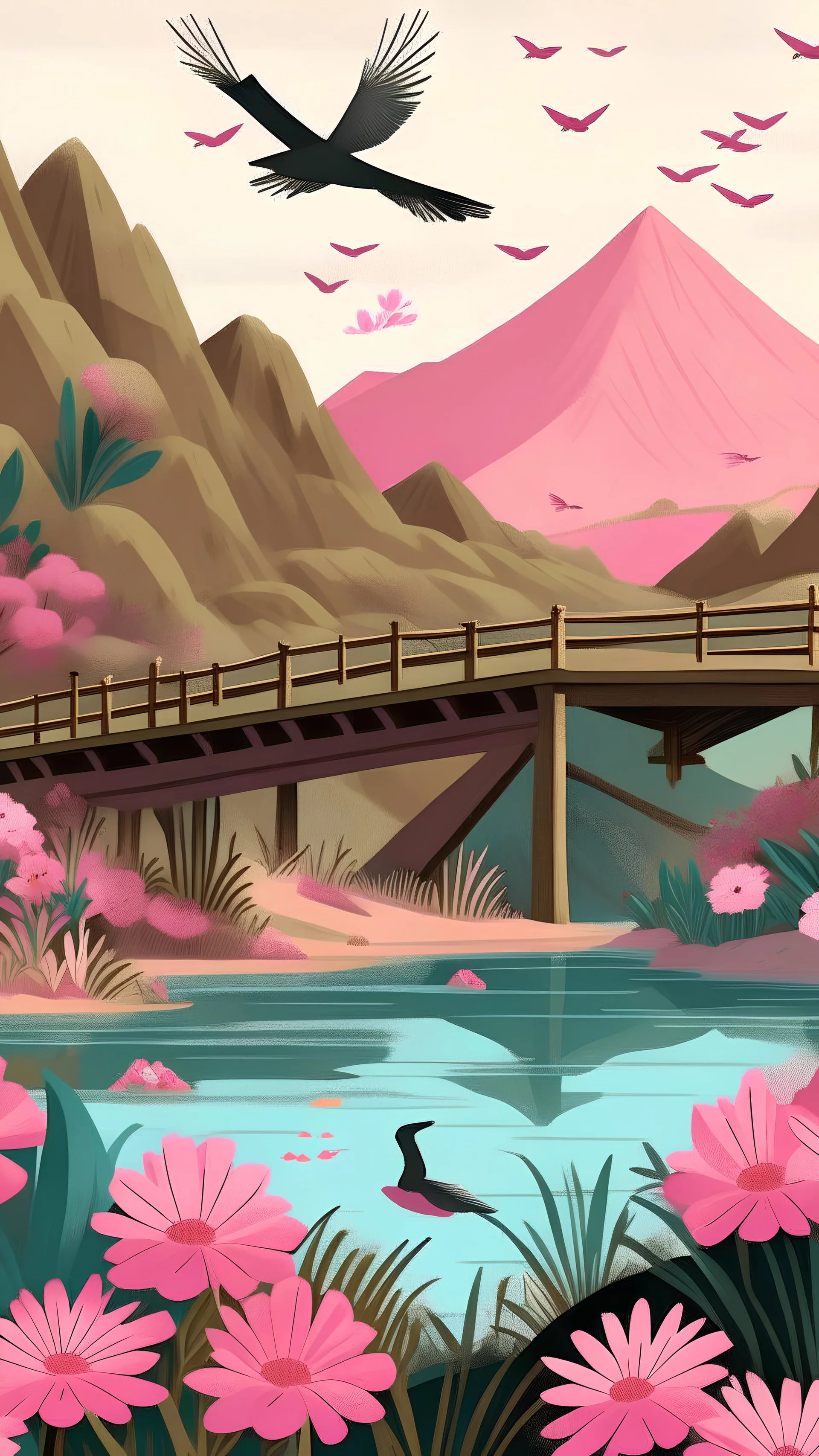 paisaje de una cabaña al lado de una montaña, con un rio bajo un puente, con pajaros volando y muchos cactus con flores rosadas