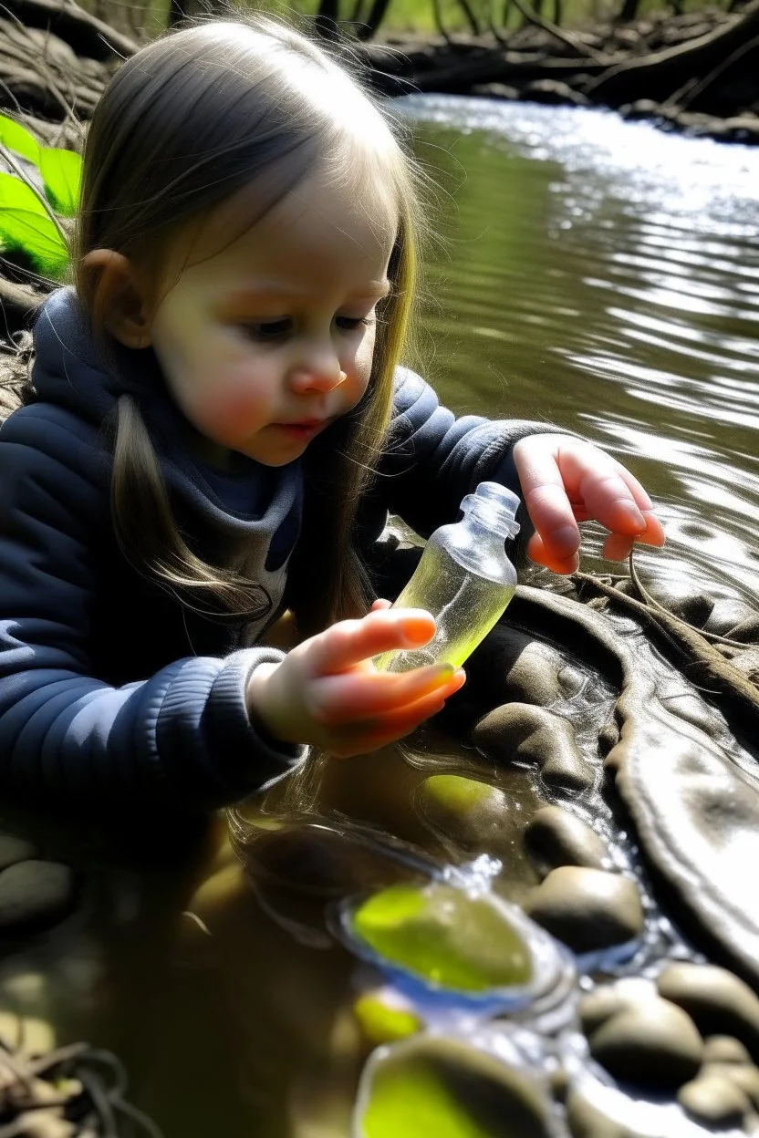 Seorang anak gadis menemukan botol hanyut di sungai