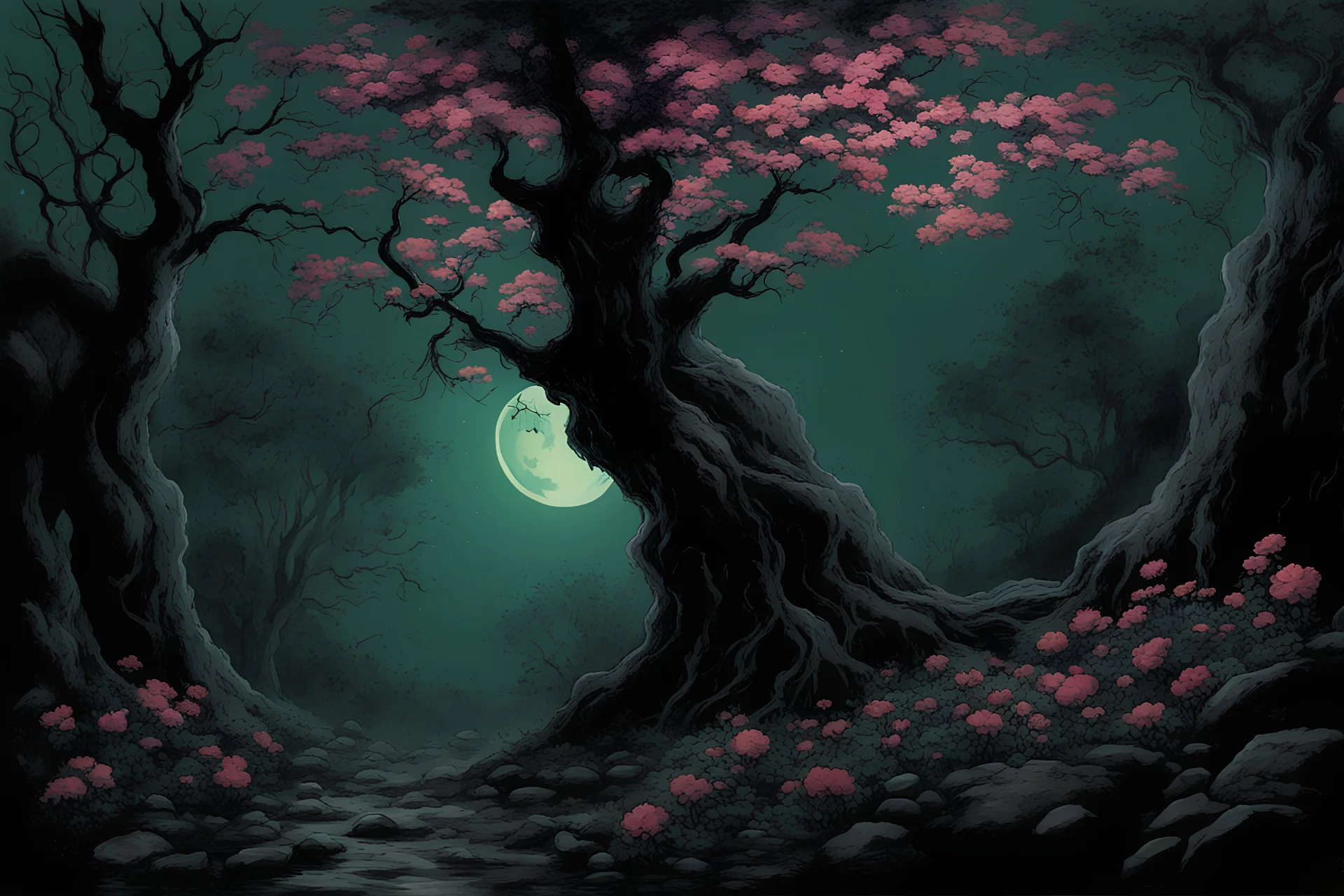 Night, trees, flowers, japanese manga style, horror gothic fantasy spring, rocks, friedrich eckenfelder paintings