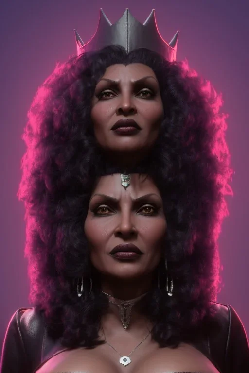 Pam Grier as evil queen in black leather, leather, busty, cleavage, angry, stern look. character design by cory loftis, fenghua zhong, ryohei hase, ismail inceoglu and ruan jia. unreal engine 5, artistic lighting, highly detailed, photorealistic, fantasy